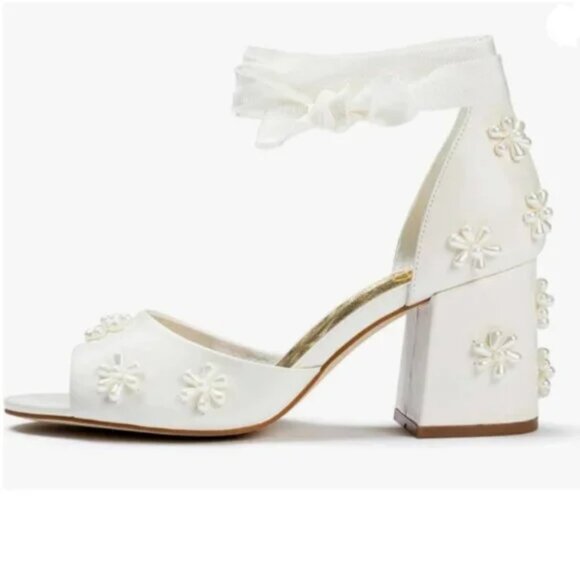 XYD White Open Toe Bloom Pearl Flower Ribbon Ankle Strap Chunky Heel Sandals - Picture 1 of 8